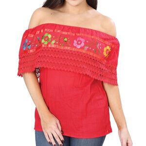Vibrant Red Floral Embroidered Off-Shoulder Blouse